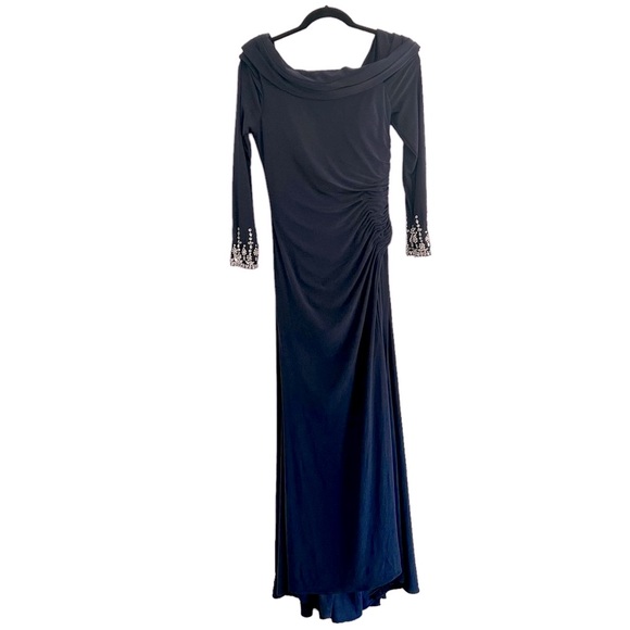 NEW MAC DUGGAL One Shoulder Midnight Blue Long Sleeve Jersey Gown size 6 - Picture 4 of 10